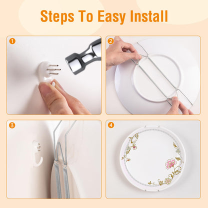 Bilillo 9-Piece Stainless Steel Wall Plate Hangers, 10/12/14 Inch Invisible Decorative Wire Plate Holders with 9 Pieces Wall Hooks for 8 to 16 Inch (Silver)