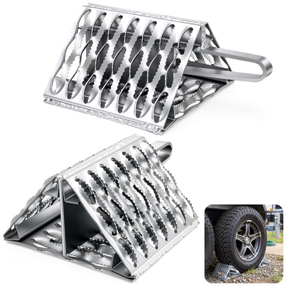 Outus 2 Pack Heavy Duty Galvanized Steel Serrated Wheel Chocks with Built-in Handle, Industrial Anti-Slip Grip for Trailer, Off-Road, Camper, Truck, Rv, Stable Tire Chocks, 9.5" x 9" x 5.7"(Silver)