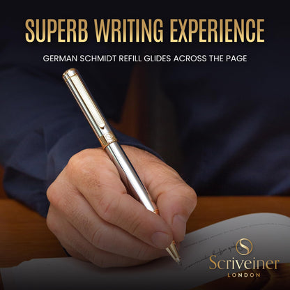 Scriveiner Silver Chrome Rollerball Pen - Stunning Luxury Pen, Real Gold Plating, Schmidt Ink Refill, Best Roller Ball Pen Gift Set for Men & Women, Professional, Executive Office, Fancy Pens