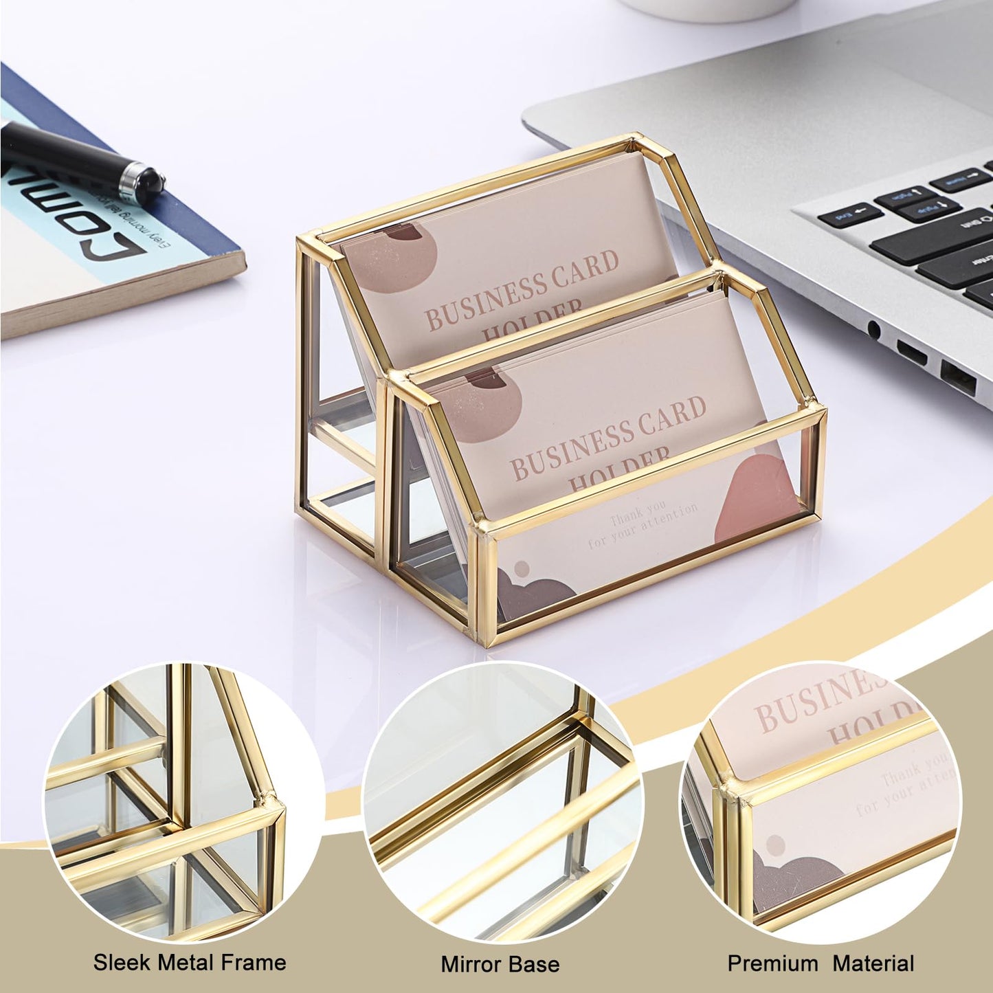 Hipiwe Glass Business Card Holder 2 Slots Gold Business Card Stand Mirrored Base Name Display Holder for Desk Multiple Clear Business Card Holder Display for Office