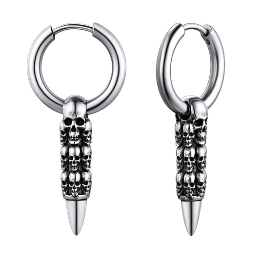 Stainless Steel Skull Hoop Earrings for Men Women Small Huggie Hoop Earring with Dangle Bullet Halloween Jewelry