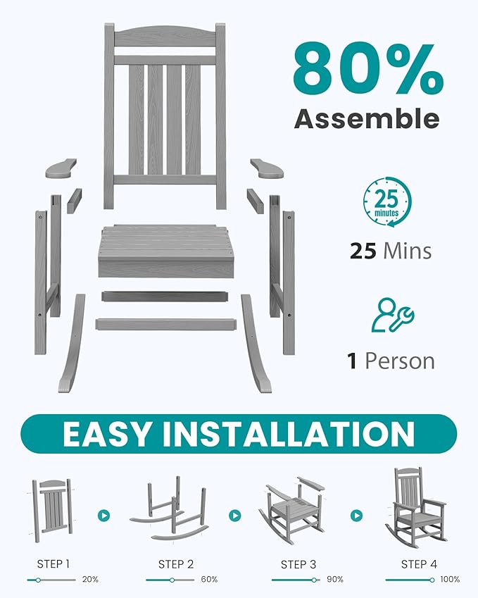 SERWALL HDPE Outdoor Rocking Chair Set of 4, Oversized Patio Rocking Chairs, All-Weather Porch Rockers for Adults, Light Gray