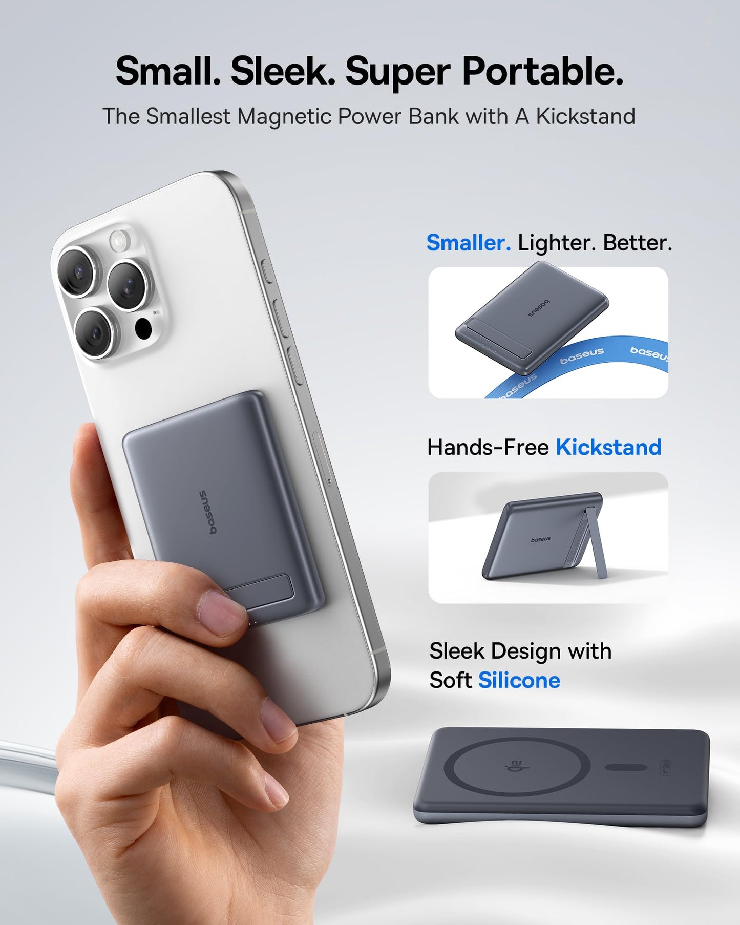 Baseus Picogo Power Bank, Smallest 5000mAh Magnetic Portable Charger with Stand, Qi2 Certified 15W Ultra-Mini MagSafe Battery Pack, Alloy Wireless Travel Fast Charger for iPhone 17/16 Series(Grey)