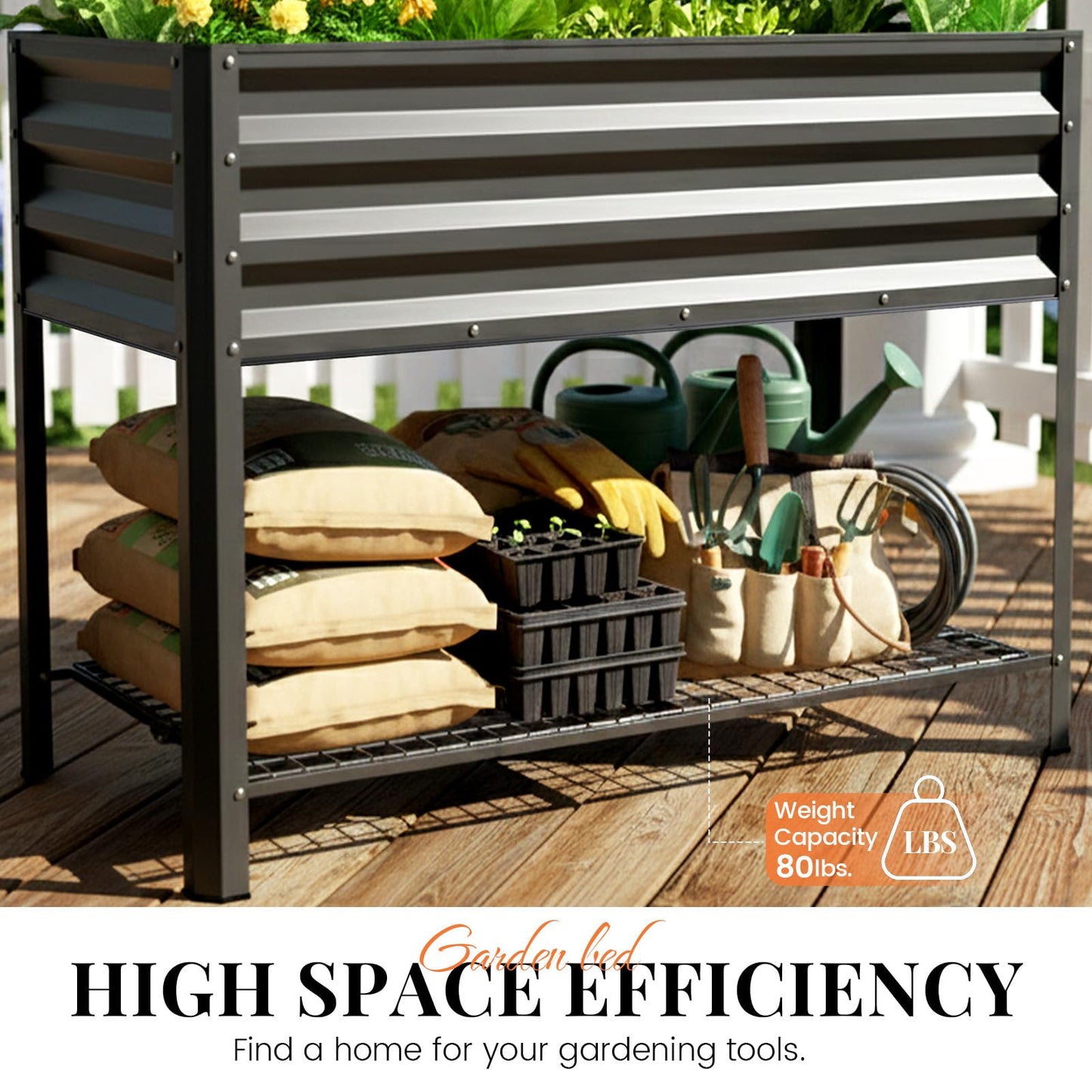 KING BIRD Large Raised Garden Bed with Legs & Storage Shelf Galvanized Elevated Planter Box for Backyard, Patio, Balcony, 400lb Capacity, Dark Grey 48×24×31.5 in