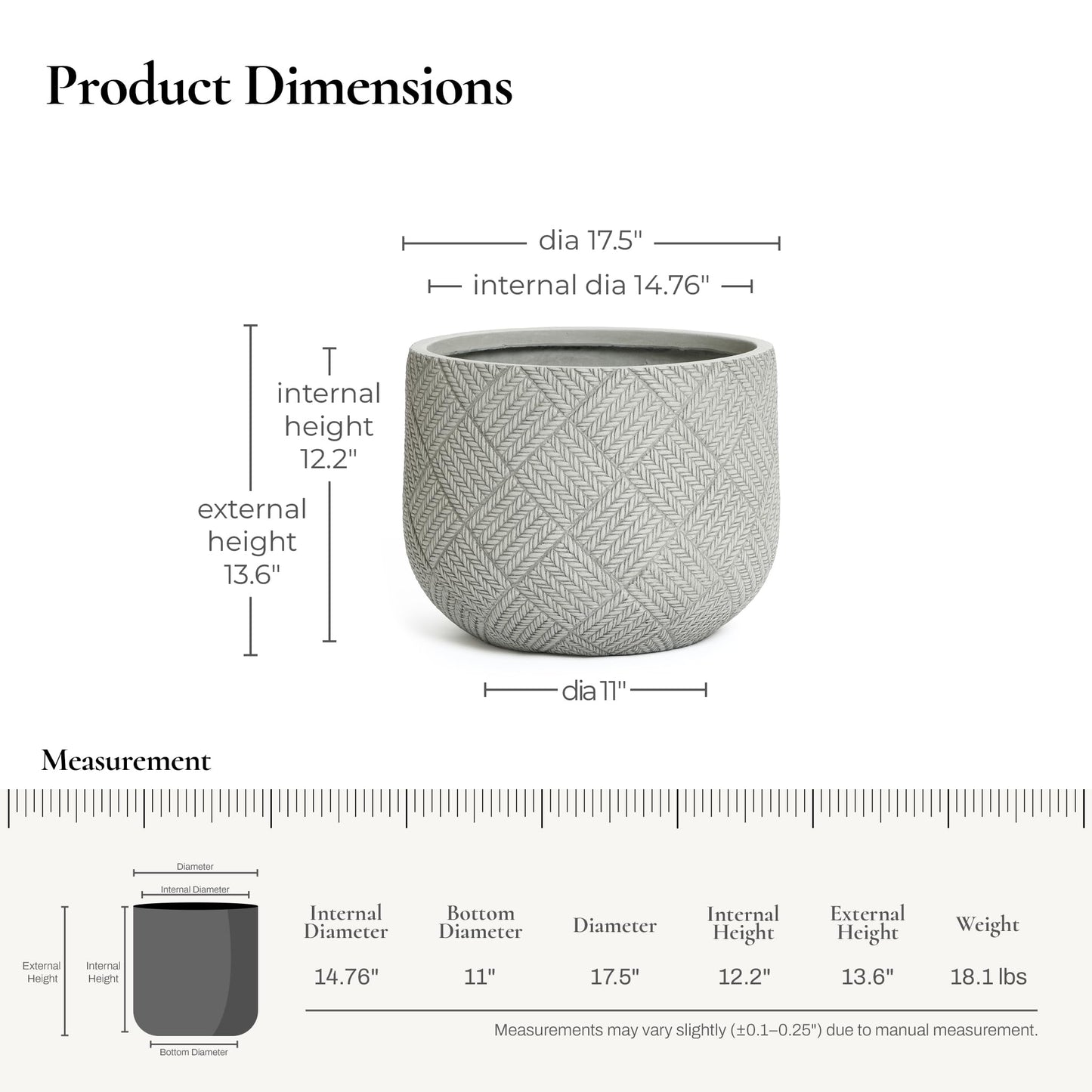 LuxenHome 17.5-Inch Dia Round Concrete Planters, Large Outdoor Indoor Decorative Plant Pots with Drainage Holes and Rubber Plug, Modern Gray Glen Woven Pattern Flower Pot Planter for Home Garden Patio