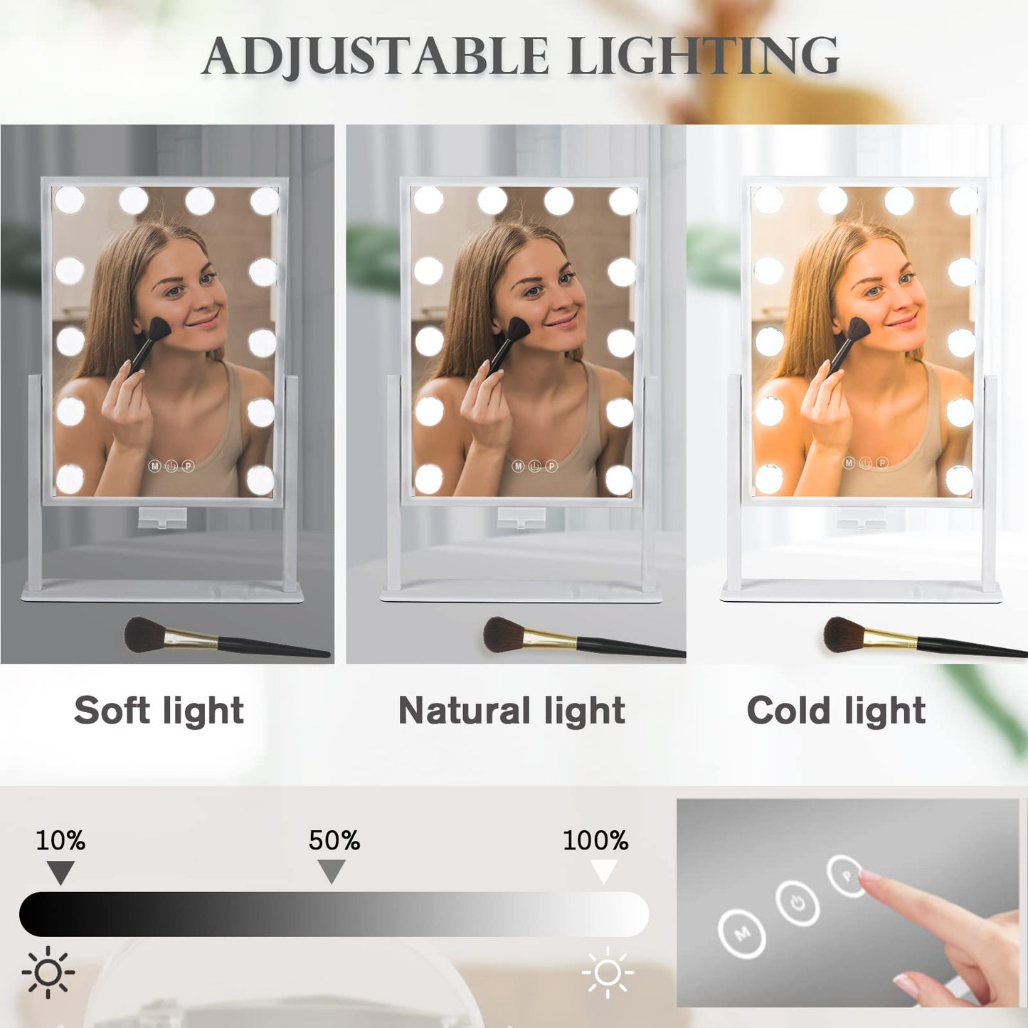 Lighted Makeup Mirror Hollywood Mirror Vanity Mirror with Lights, Touch Control Design 3 Colors Dimable LED Bulbs, Detachable 10X Magnification, 360°Rotation, (White) 12" L x 14" W