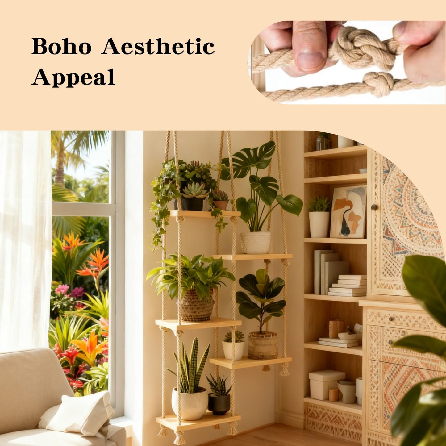 Cxomnndiw Boho Hanging Plant Stand, Window Shelf for Plants in Living Room, Bedroom, Balcony,Potted Succulent Decorations