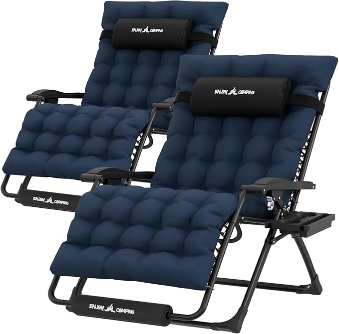 UDPATIO Oversized Zero Gravity Chair Set of 2, 33In XXL Patio Reclining Chair with Cushion, Outdoor Folding Recliner with Pillows|Cup Holder|Foot Rest|Padded Headrest, Navy Blue, Support 500LB