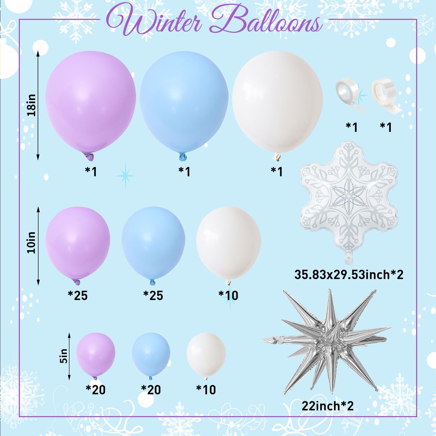 Winter Wonderland Balloon Arch Garland Kit, Baby Blue Purple Balloons with Spike Star Snowflake Foil Balloons for Ice Wonderland Christmas Baby Shower Snow Princess Birthday Party Decorations Supplies