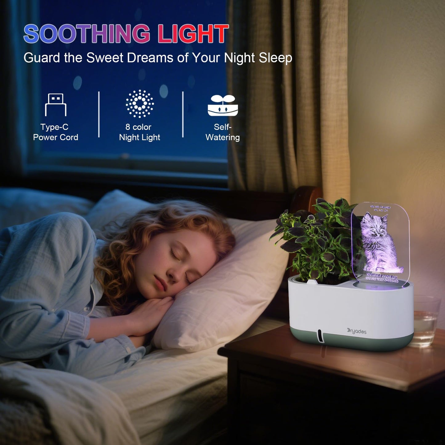 Self-Watering Plant Pot with LED Note Board & 7 Colors Pen Acrylic Message Board with Light Acrylic Dry Erase Board, Led Cat Board Night Light with Planting Pot for Christmas(No Plant&Seed)