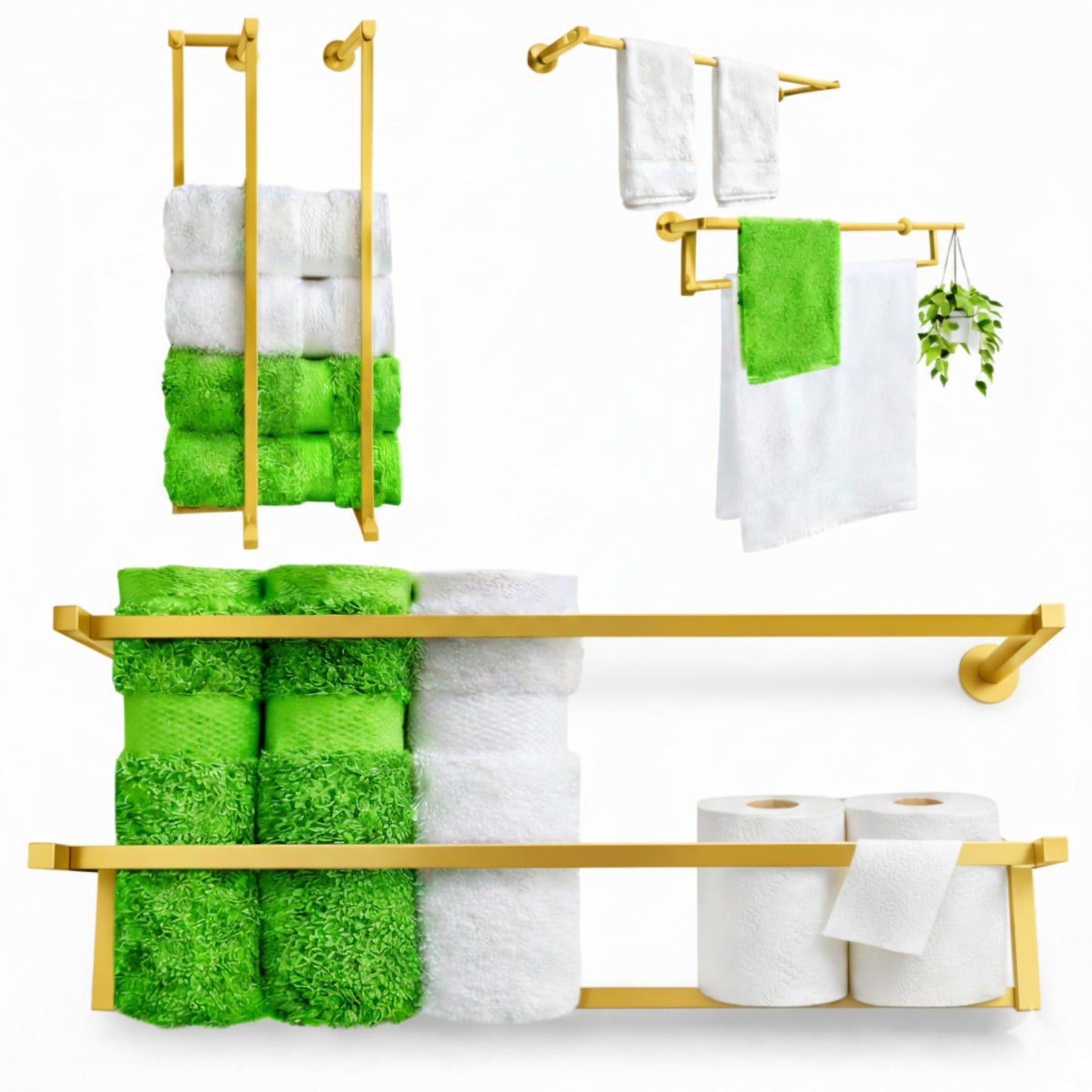 Gold towel rack | 4 in 1 Multifuntional, Horizontal & Vertical towel holder for bathroom wall & Double towel rod & Toilet Paper Holder | towel storage Rustproof | shower towel holder | wall towel rack