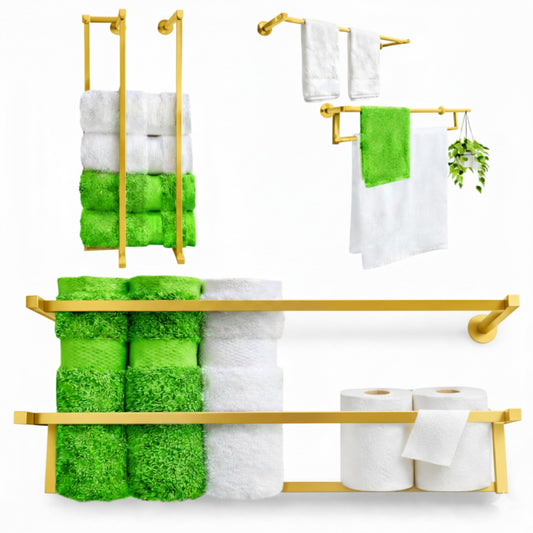 Gold towel rack | 4 in 1 Multifuntional, Horizontal & Vertical towel holder for bathroom wall & Double towel rod & Toilet Paper Holder | towel storage Rustproof | shower towel holder | wall towel rack