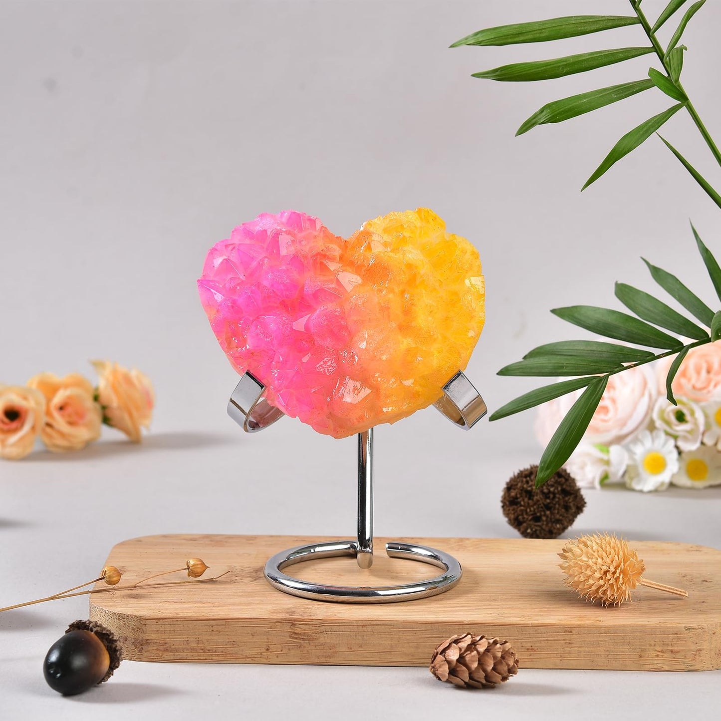 JIC Gem Pink Yellow Titanium Coated Large Heart Crystal Cluster Geode Healing Crystals Heart Shaped Rocks with Crystal Display Stand Home Decor Reiki Meditation 3.14-3.54 inch