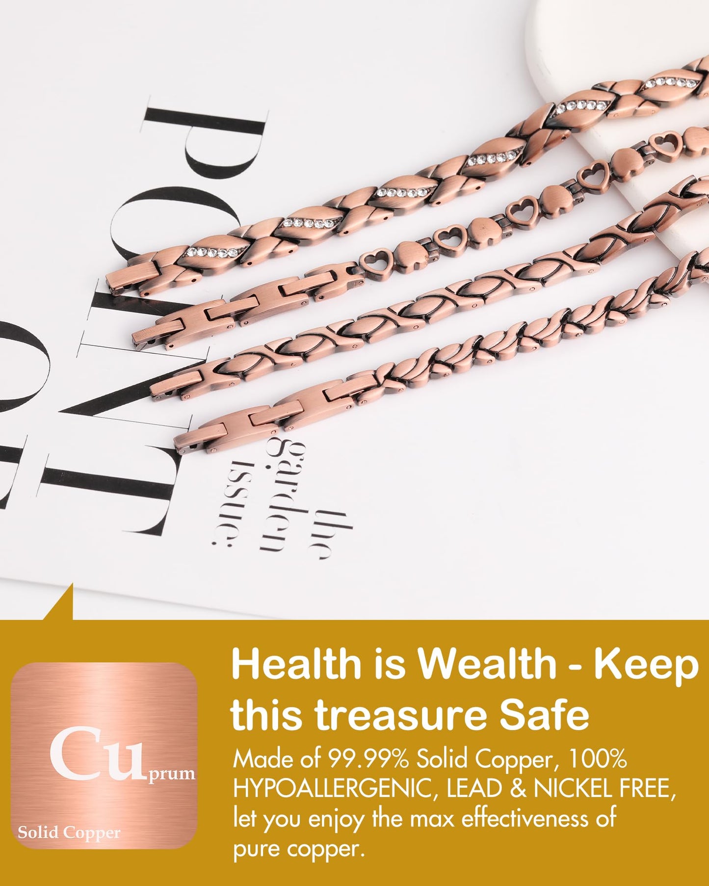 Feraco Copper Bracelet for Women Hand Forged 99.99% Solid Pure Copper Magnetic Wristband with Pro Neodymium Magnets (X Shape with Ring)