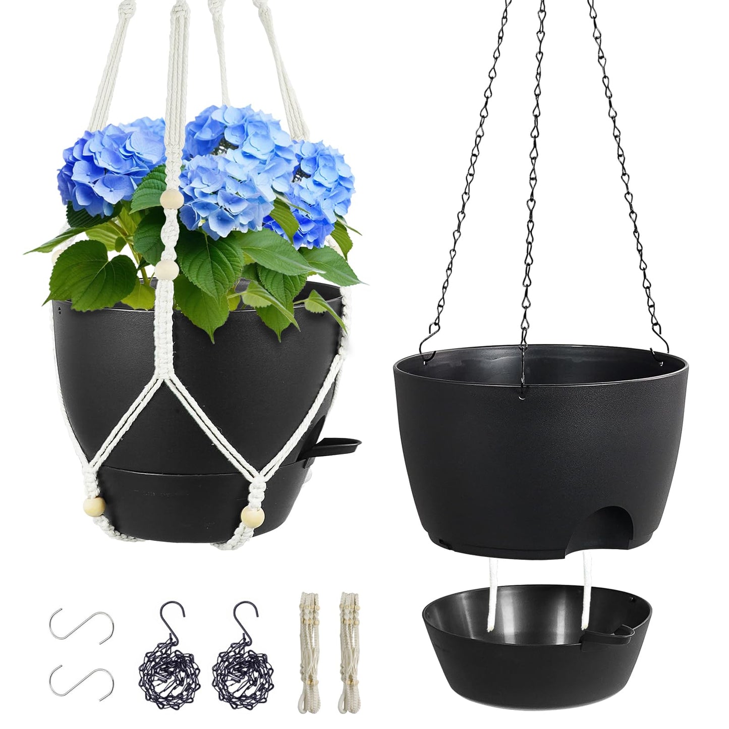 Meowell 10 inch Self Watering Hanging Planters, 2 Pack Hanging Baskets for Indoor Outdoor Plants, Hanging Flower Pots with Drainage Holes & 2 Kinds of Plant Hangers for Garden Home Decor, Black