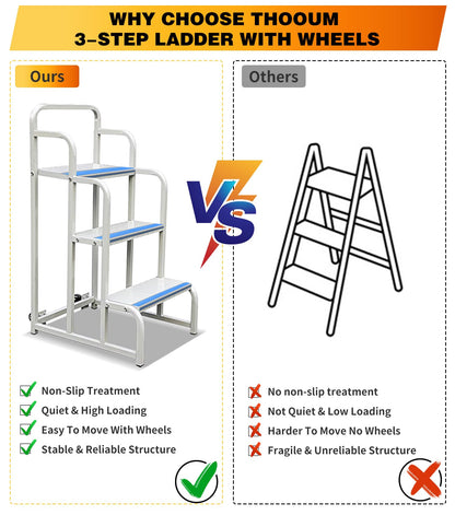 3 Step Stairs with Wheels, Industrial & Warehouse 3-Step Rolling Stairs, Non-Slip Rolling Steps with Stair Edge Protector, Easy to Move Rolling Steps with Wheels(19.7W x29.5H, 600LBs Loading).