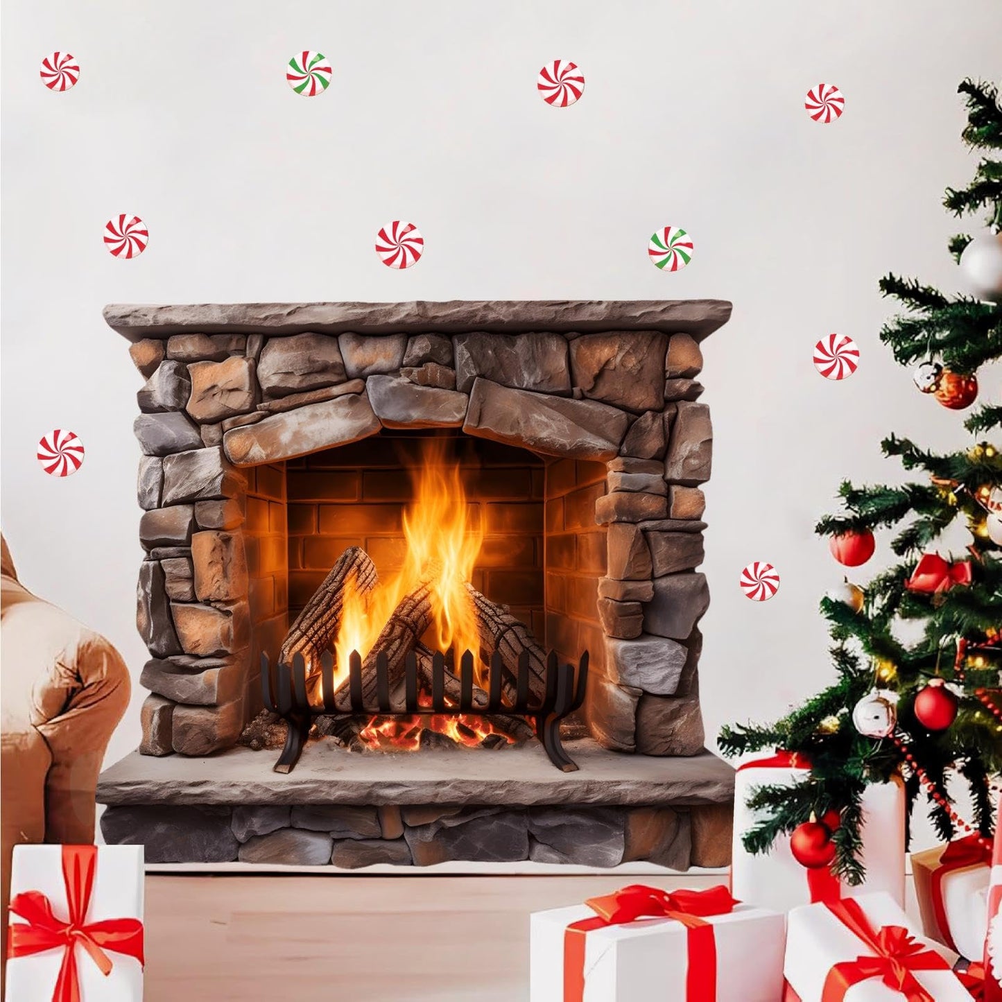 Large Christmas Wall Decals Christmas Wall Decoration Vinyl Sticker Peel and Stick Indoor Xmas Fireplace Decal for Walls Removable Peppermints Xmas Art Murals for Living Room Holiday Xmas Party Supply