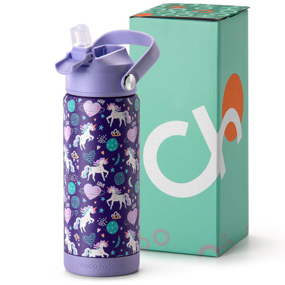 Choco Mocha Kids Water Bottle For School, Kids Insulated Unicorn Water Bottle Stainless Steel, Girls Water Bottle 18Oz, Purple