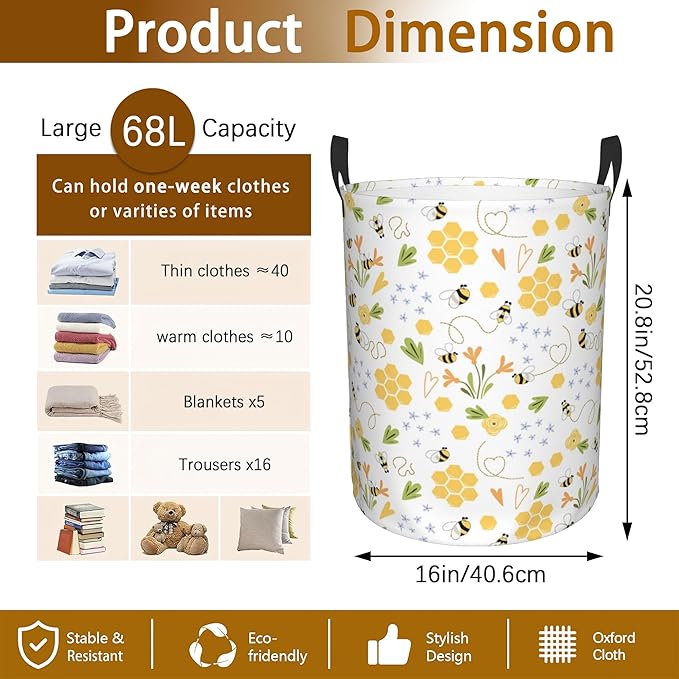Bee Honey Flower Laundry Basket, Waterproof Foldable Laundry Hamper, Dirty
