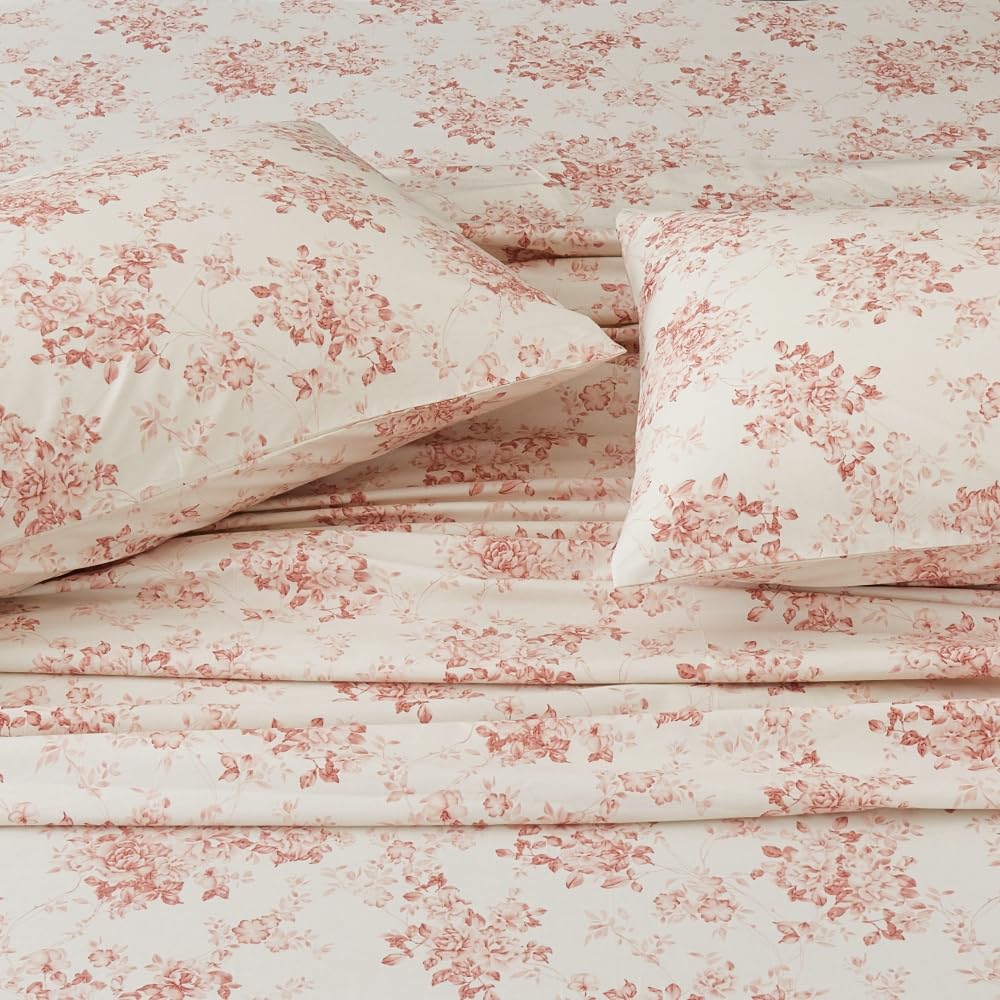 DAUAOTO 100% Cotton Bedding Printed Sheets Set for Full Size Bed Up to 14" Deep Mattress, Toile Rose Floral Pattern Bedlinen Sets, Pale Red