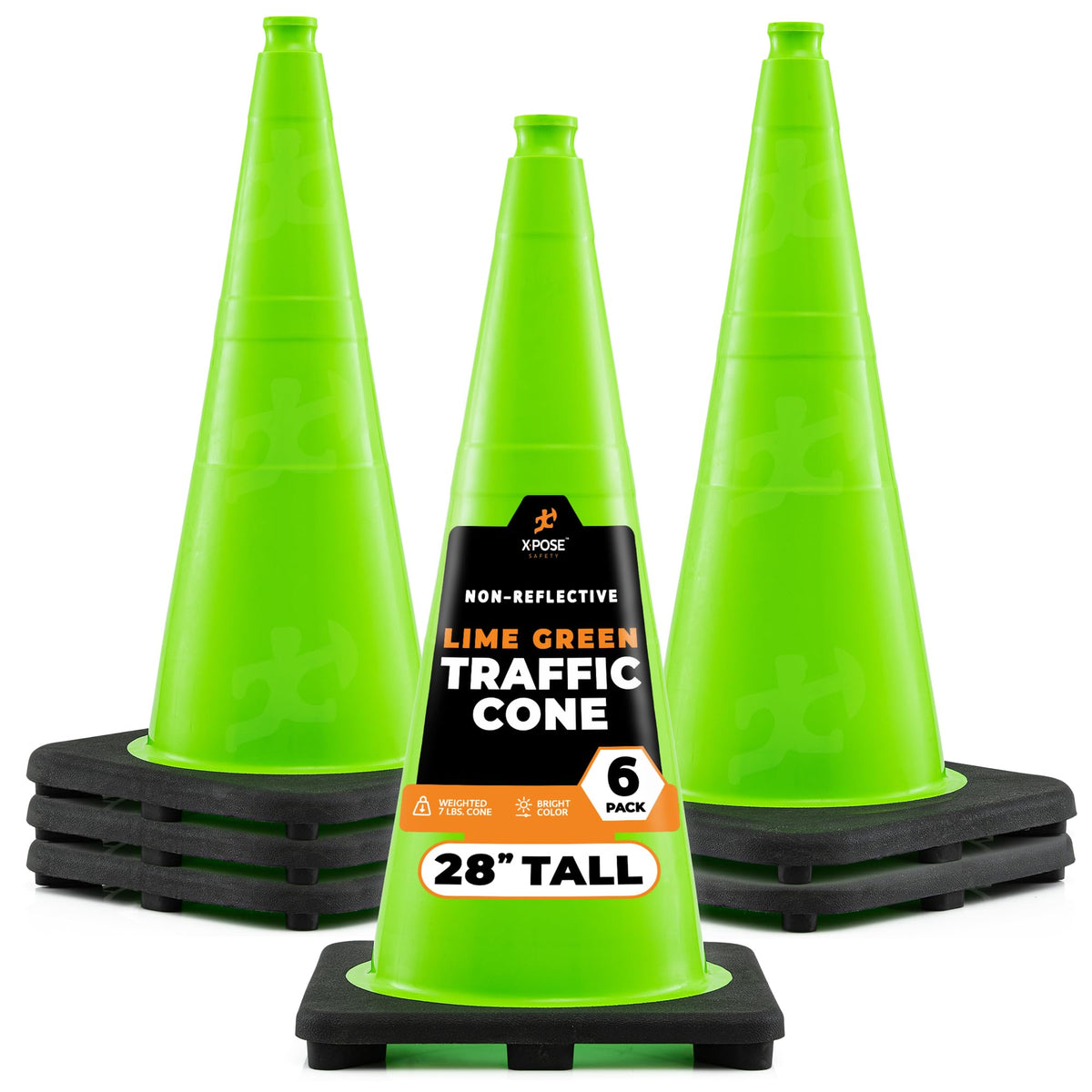 Xpose Safety 28” Lime Green Traffic Cone - 6 Pack - Premium PVC Safety Cone for Parking, Caution, Construction, Road Crews, Emergency Vehicle - DOT Approved
