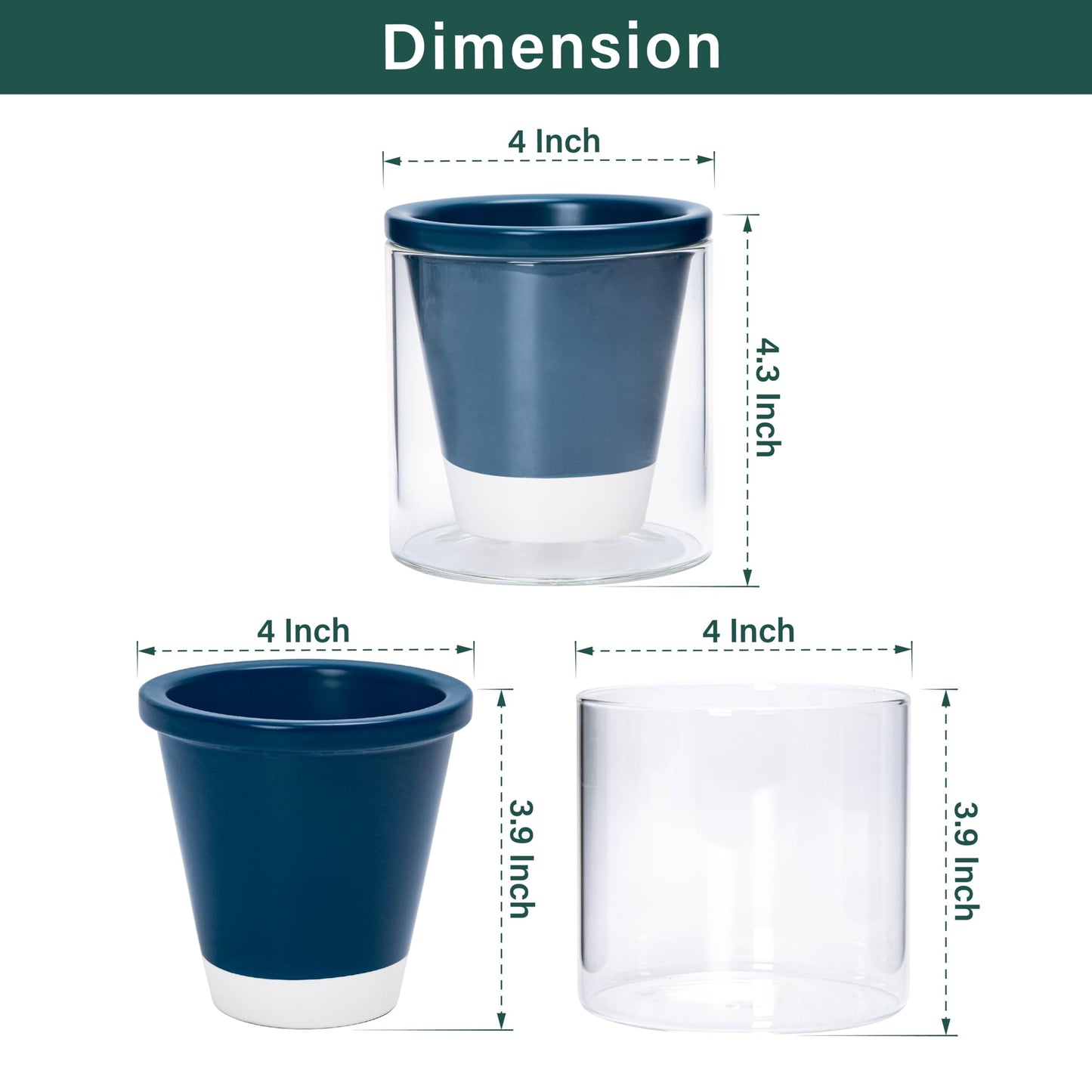 D'vine Dev 4 Inch Design Self Watering Planter for Indoor Plants, Blue Terracotta Pot with Cylinder Glass Cup, Set of 4, 37-Z-A-4-F