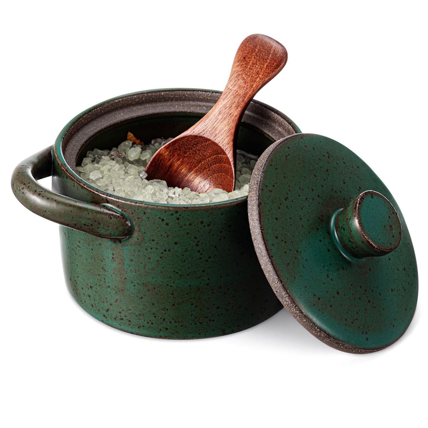 Honeydak 1 Set Speckled Ceramic Salt Cellar with Lid and Wooden Spoon, Rustic Farmhouse Salt Pepper Cellar Holder for Mothers Day, Housewarming Gift, Heavyweight Spices Jar (Green)