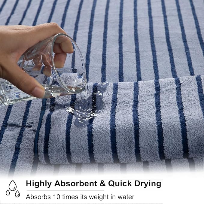 Oliven 4 Piece Navy Cabana Stripe Large Bath Towels Oversized Bath Sheet Super