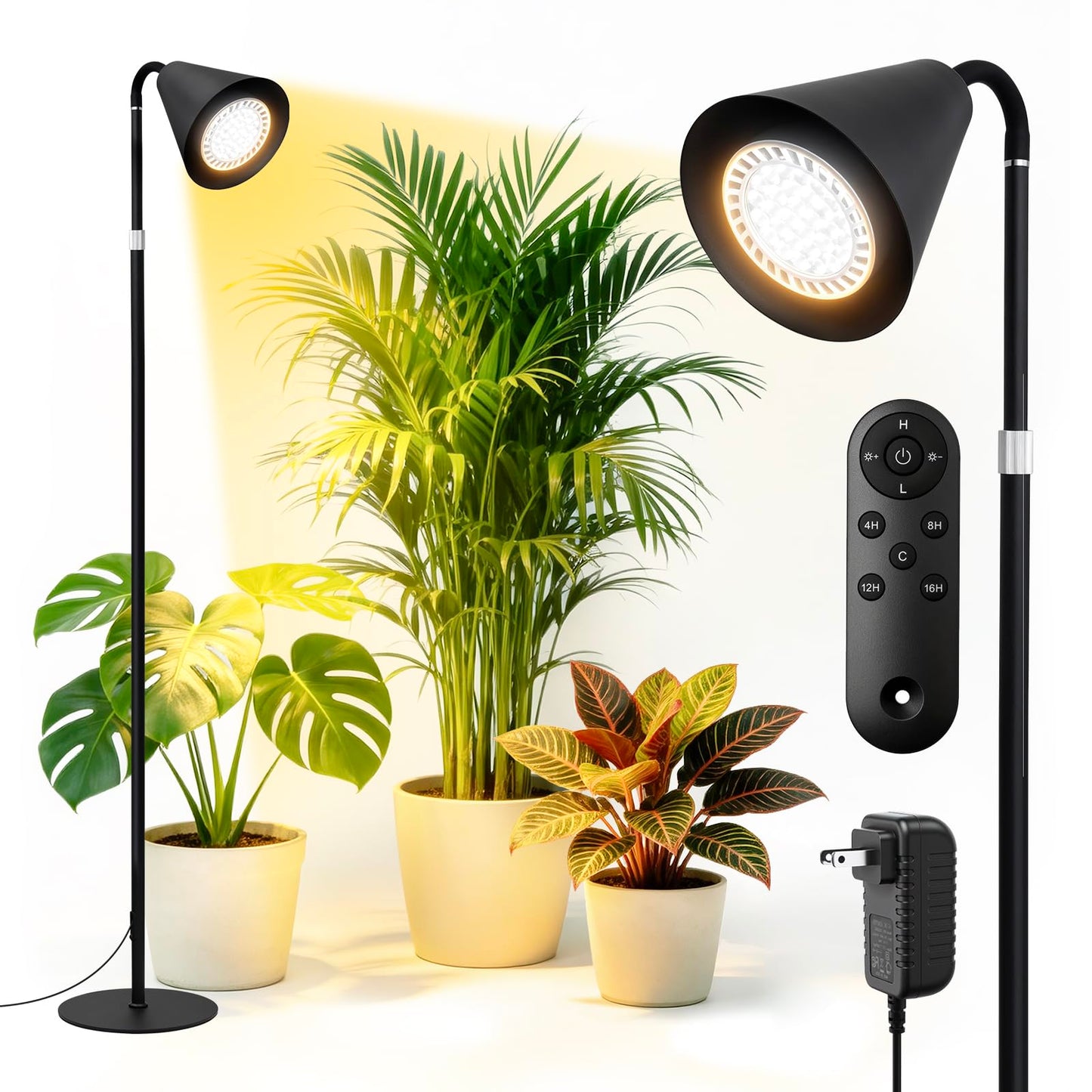 Grow Lights for Indoor Plants, 20W Full Spectrum Growing, 63in Adjustable Height Stand, 4/8/12/16H Auto Cycle Timer, 10 Levels Dimmable Remote Control Standing Grow Floor Lamp for Small to Tall Plant