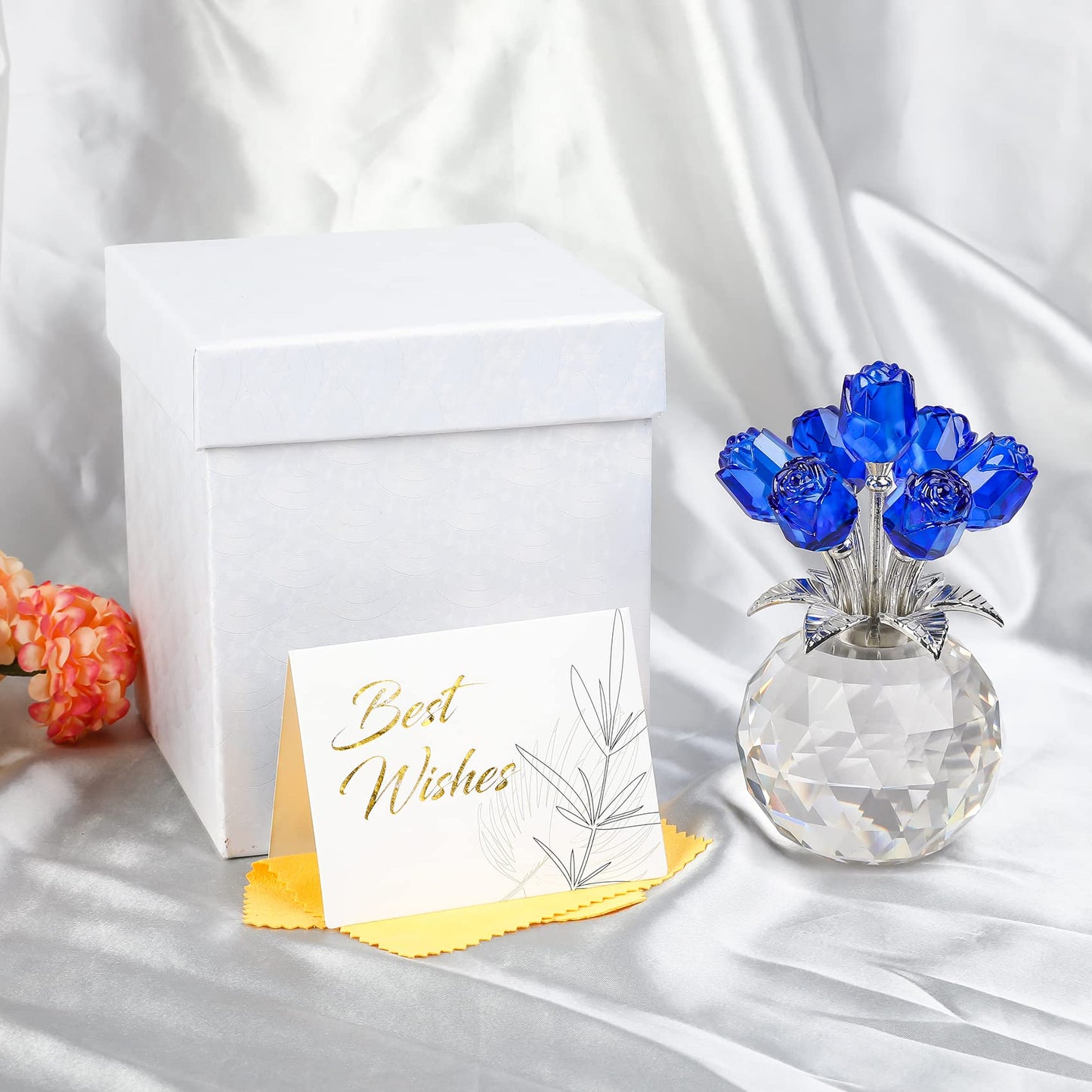 YWHL Crystal Blue Rose Flower Figurine with Round Vase, Rose Gifts for Wife Girlfriend, Romantic Gifts for Mom on Mother's Day Anniversary Birthday, Rose Collectible Figurines for Home Decoration