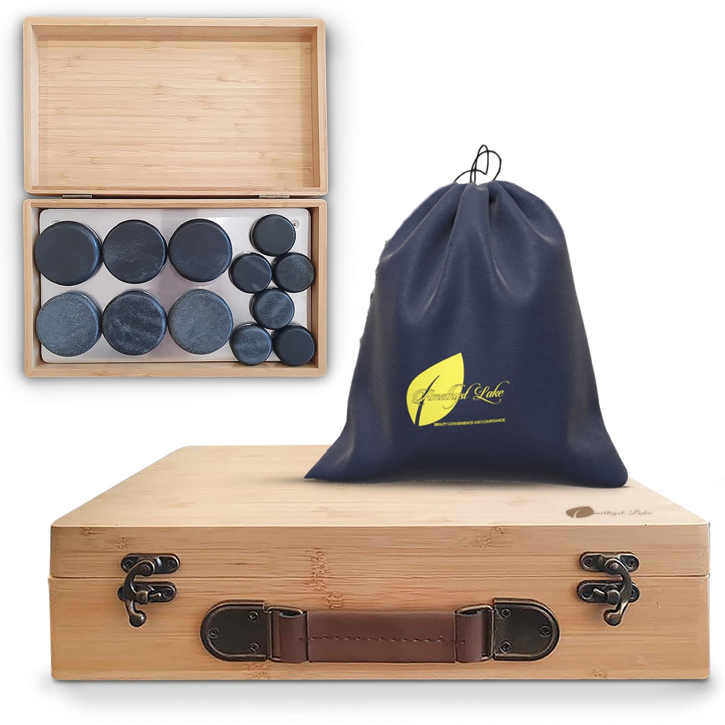 Amethyst Lake Hot Stone Warmer with 16 Stones Bamboo Box, Massage Stones for Home spa, Relaxing and Pain Reliefing Massage Stones Set with Warmer kit.