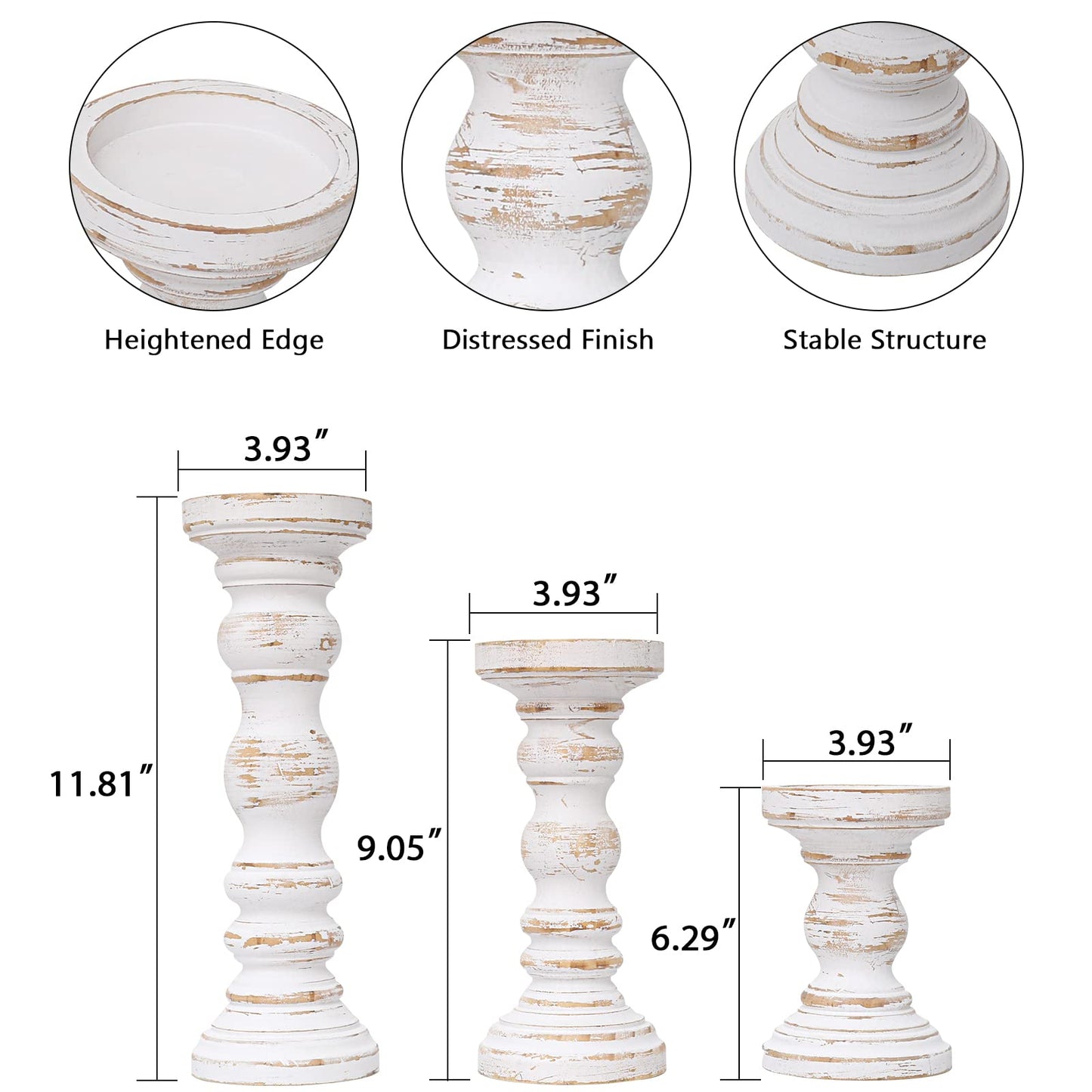 SWALLOWLIVING Rustic Farmhouse Wood Pillar Candle Holder Set of 3 for Candlestick, White