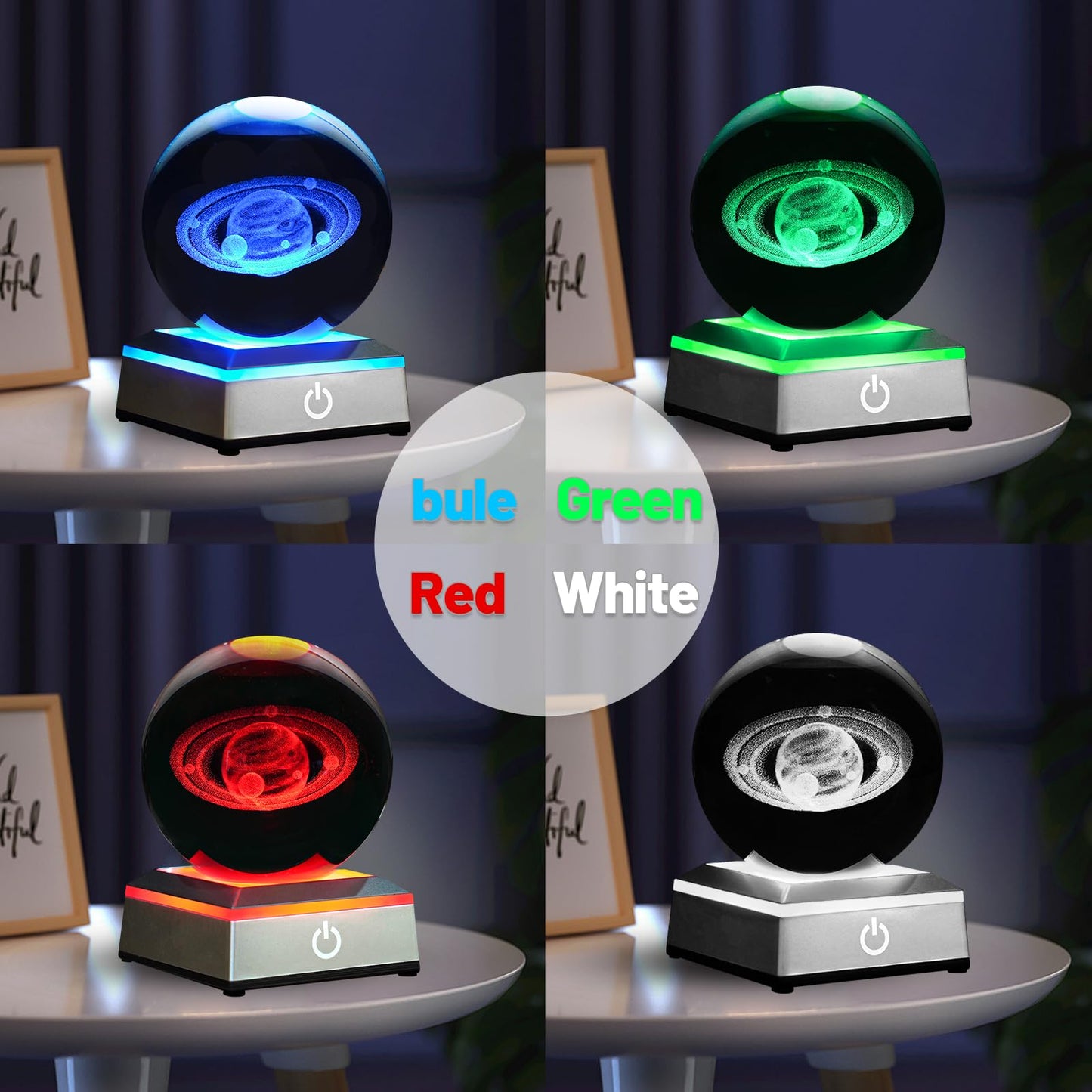 PYMIN3D 3.15 inch Saturn Crystal Ball Night Light with Colorful LED Lamp Touch Base Saturn Model Gifts for Friends Birthday Christmas