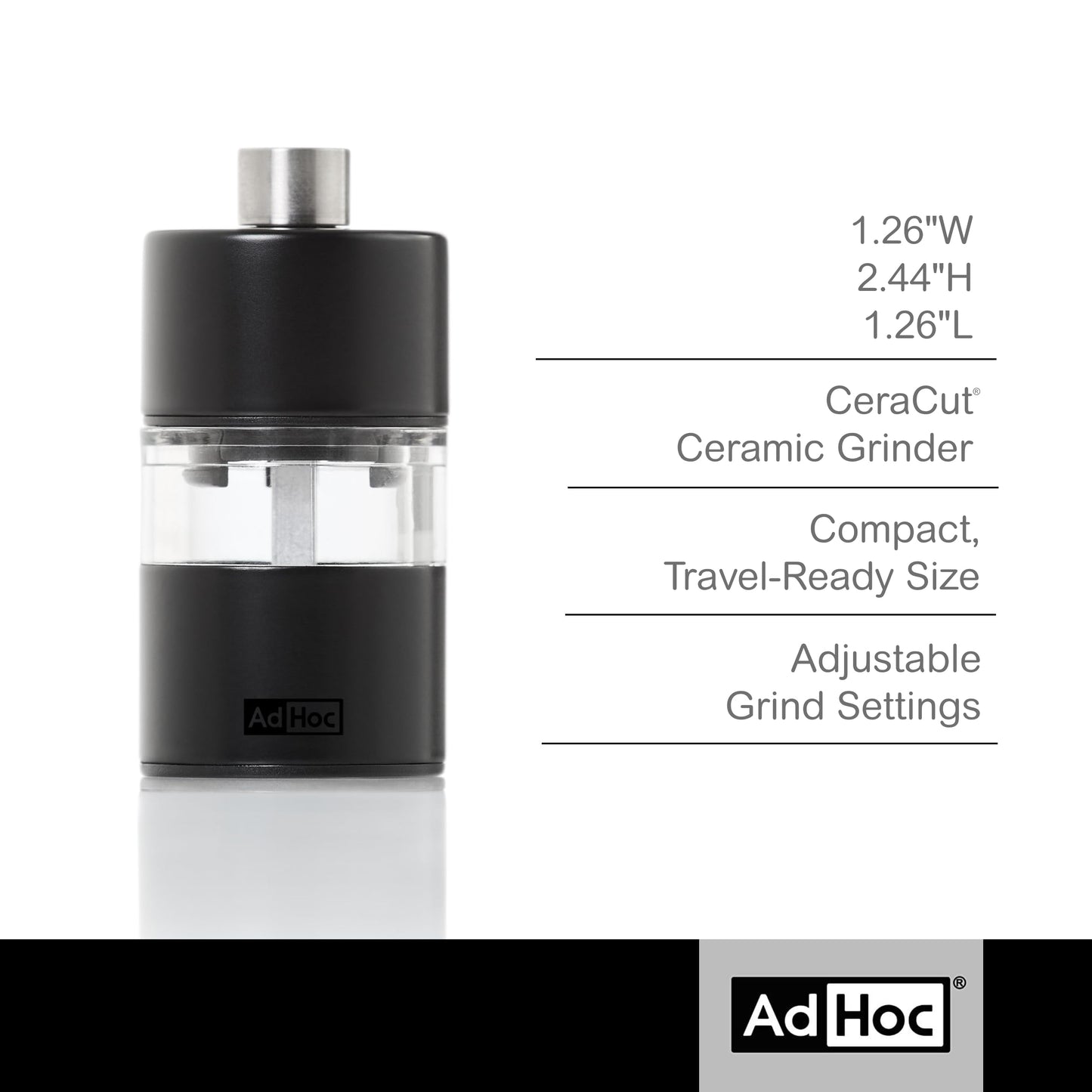 AdHoc Mini Salt & Pepper Mill - 2-in-1 Refillable Salt & Pepper Grinder Set - Features Adjustable Mechanism & Ceracut Ceramic Grinder (Black)