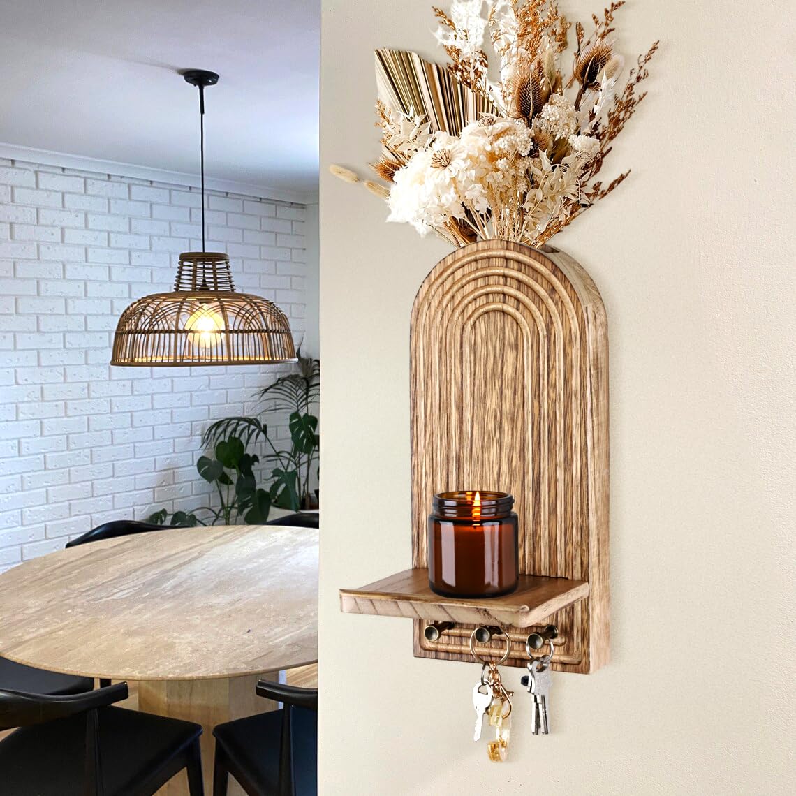 3-in-1 Wooden Wall Organizer - Planter Vase + Candle Sconces + Hooks (No Dried Flower)- Farmhouse Hanging Decor Boho Wall Art for Indoor Plants Artificial Eucalyptus for Living Room Bedroom Nature