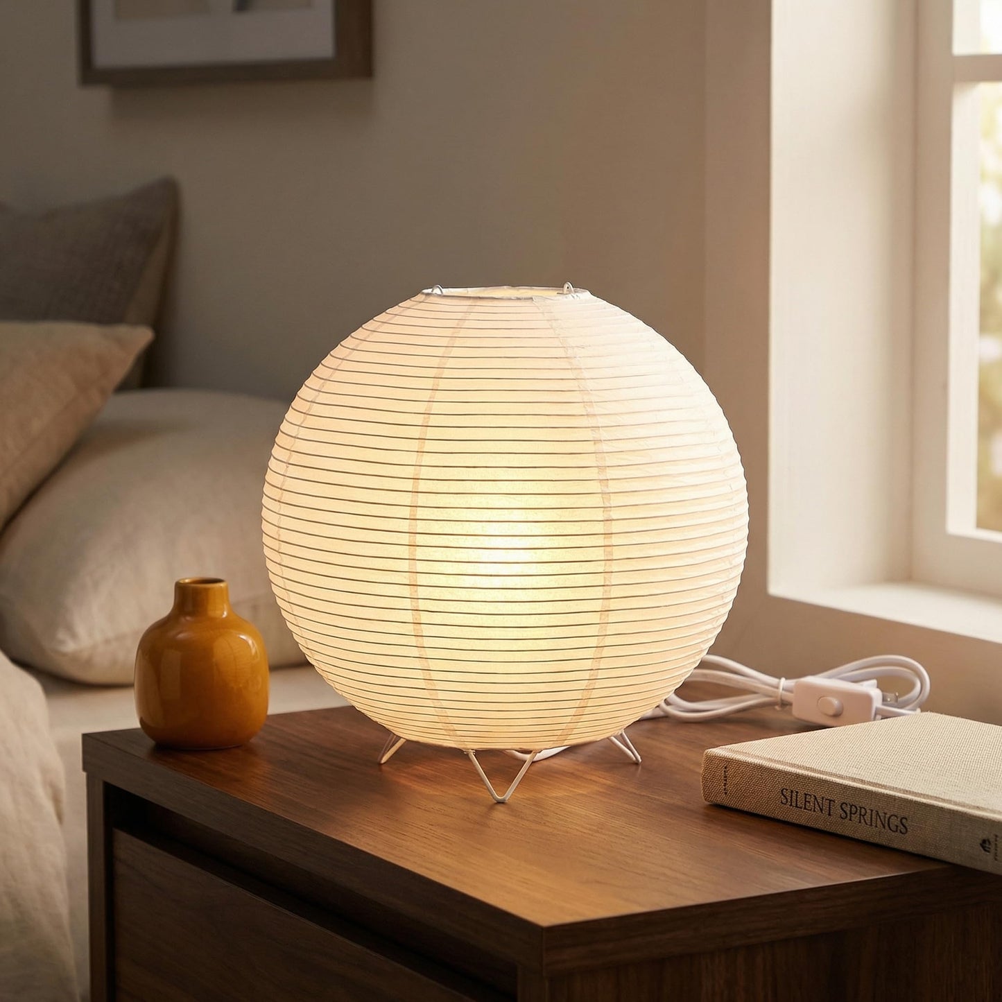 Totority Modern Paper Table Lamp, Japanese Lantern Style Bedside Night Light for Bedroom & Living Room, Minimalist Rice Paper Desk Lamp with Warm White E14 Bulb, Decorative Zen Home Lighting,US Plug