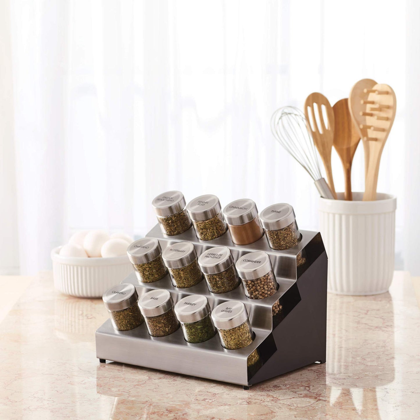 Kamenstein 20 Jar Revolving Countertop Spice Rack with Spices Included, FREE Spice Refills for 5 Years, Polished Stainless Steel with Black Caps, 30020