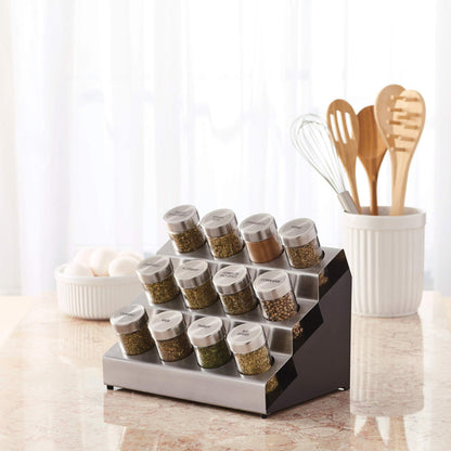Kamenstein 20 Jar Revolving Countertop Spice Rack with Spices Included, FREE Spice Refills for 5 Years, Polished Stainless Steel with Black Caps, 30020