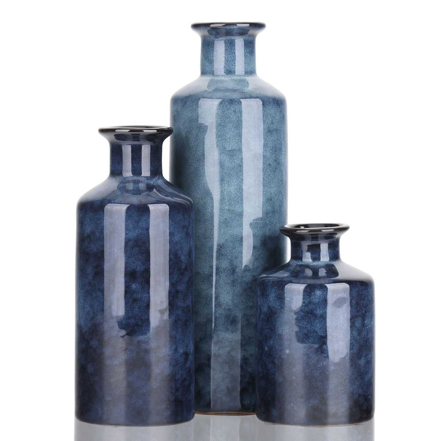 Blue Ceramic Vase Set - 3 Blue Small Vases, Farmhouse Country Flower Vase Home Decor, Living Room Decoration, Table Decoration, Fireplace Decor, and Entrance Decorations Centerpieces