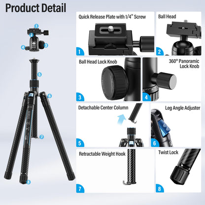 SIRUI 60" Carbon Fiber Tripod for Camera with 360° Panoramic Ball Head, Arca QR Plate, Compact Lightweight 2.1lbs Travel Tripod for DSLR Video Camcorder, Max Load 10kg, Traveler X-III