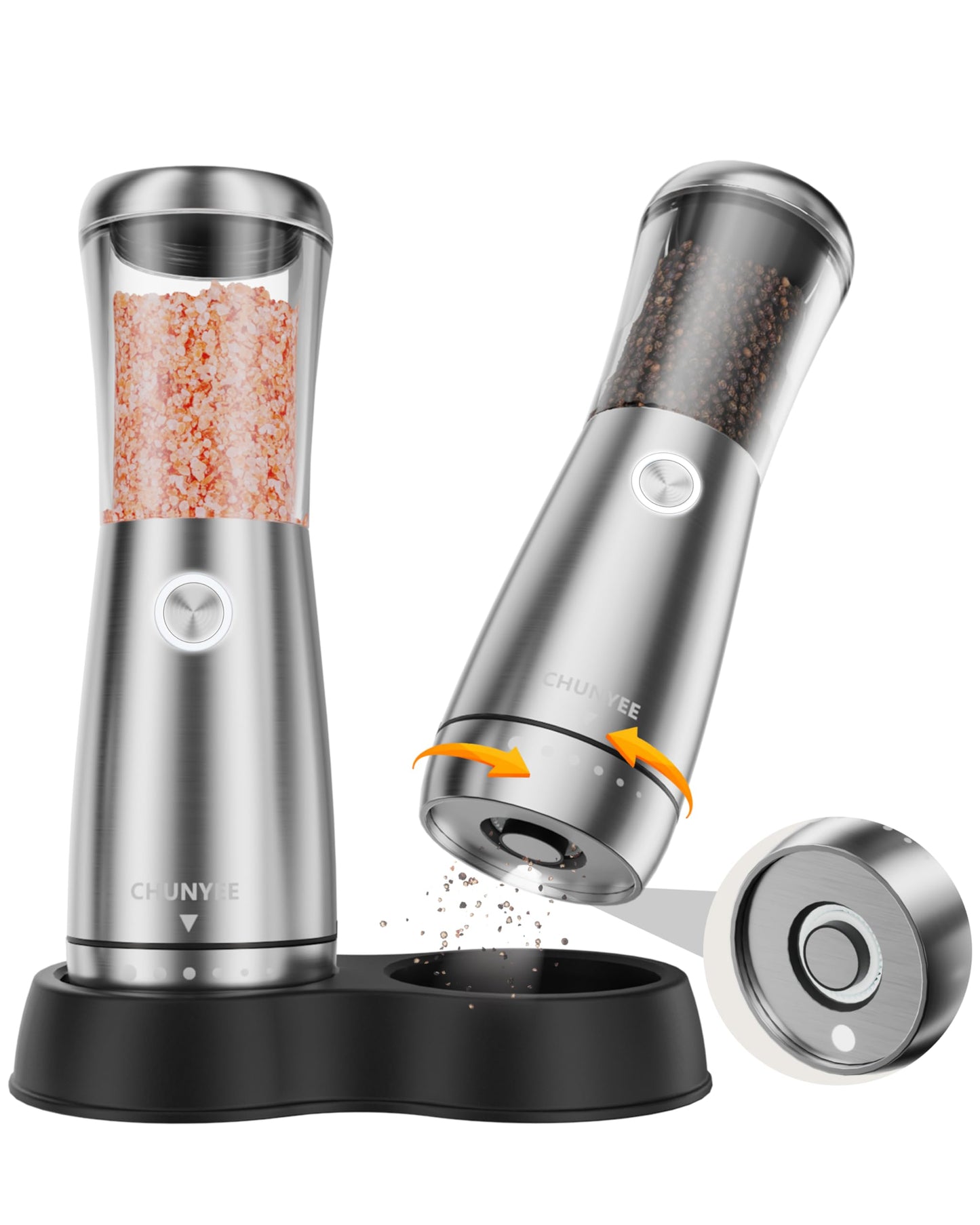 Electric Salt and Pepper Grinder Set - Automatic Stainless Steel Rechargeable Salt and Pepper Grinder Set with Storage Base, Large Capacity, LED Light & Adjustable Coarseness, Ideal Kitchen Gadget