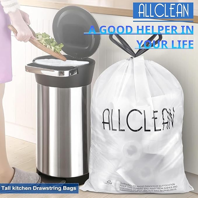 Allclean 13 To 15 Gallon Trash Bags, Tall Kitchen Garbage Bags Drawstring