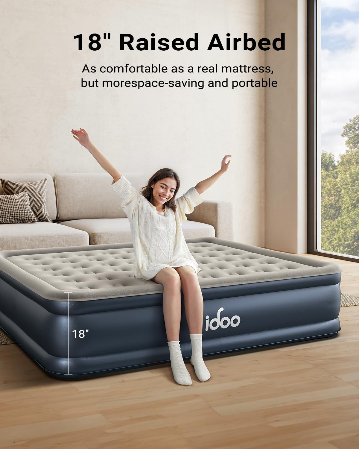iDOO Cal King Air Mattress with Built in Pump, 18'' King Size Air Mattress for Home Guest, Upgraded Comfort Inflatable Blow up Mattress, 84'' Extra Long, Keep Feet from Dangling, Colchon Inflables