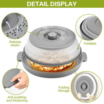 Microwave Splatter Cover for Food with Anti-scald Base Plate,Large Plastic & Silicone Vented Avoid Scalding Collapsible Guard Lid, Plate Holder & Kitchen Colander for Meal Prep-10.7 Inch (gray)