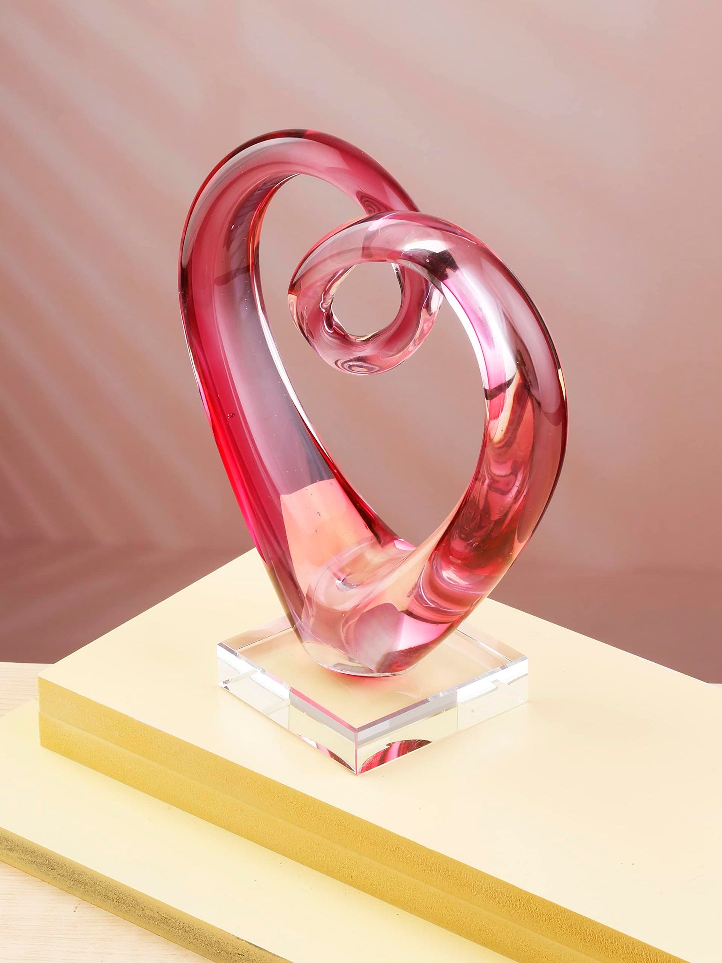 Yao Yuan 7.49'' Tall Hand Blown Art Glass Pink Heart Sculpture, Glass Heart Figurines Party Home Decoration,Art Sculpture Collection for Valentine's Day Gift (Pink)