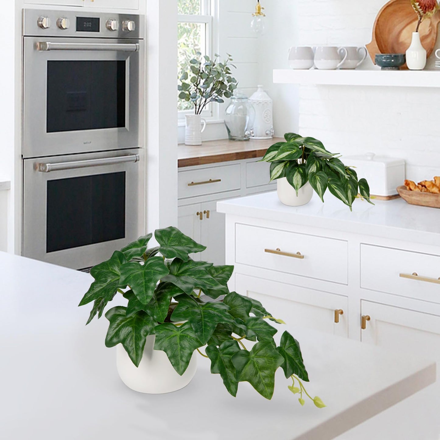 GnFlus Fake Plants Set of 2 Artificial Plants Faux Ivy Pothos with White Ceramic Pots Fake Potted Plants Artificial Decor for Home Bathroom Shelf Desk Indoor