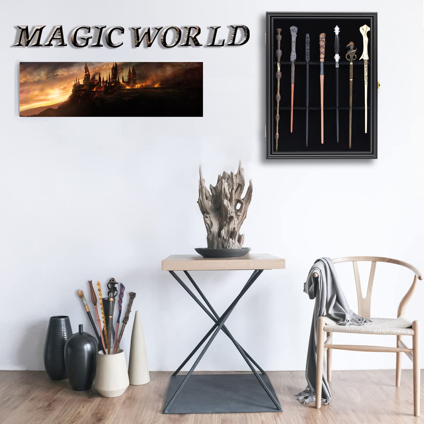 Grhonior 7 Wands Display case Universal Wizard Magic Wand Stand Wall Mount Lockable Wood magiquest Wand Vertical Hanging Holder Box Rack for Wand Collection