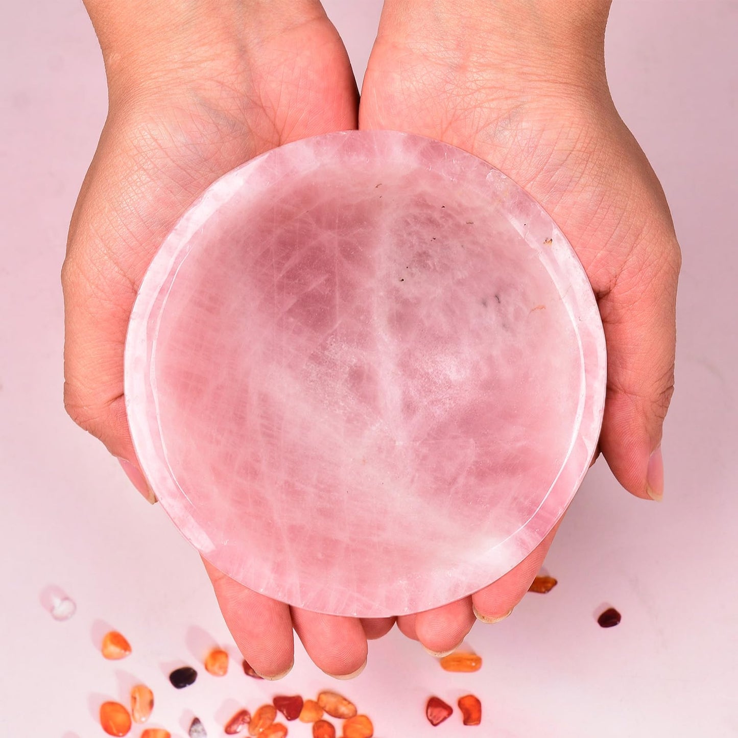 MOGEMT Large Rose Quartz Crystal Bowl Hand-Carved Round Pink Crystals Gemstone Bowl Reiki Healing Home Decoration Gift 4-4.5"