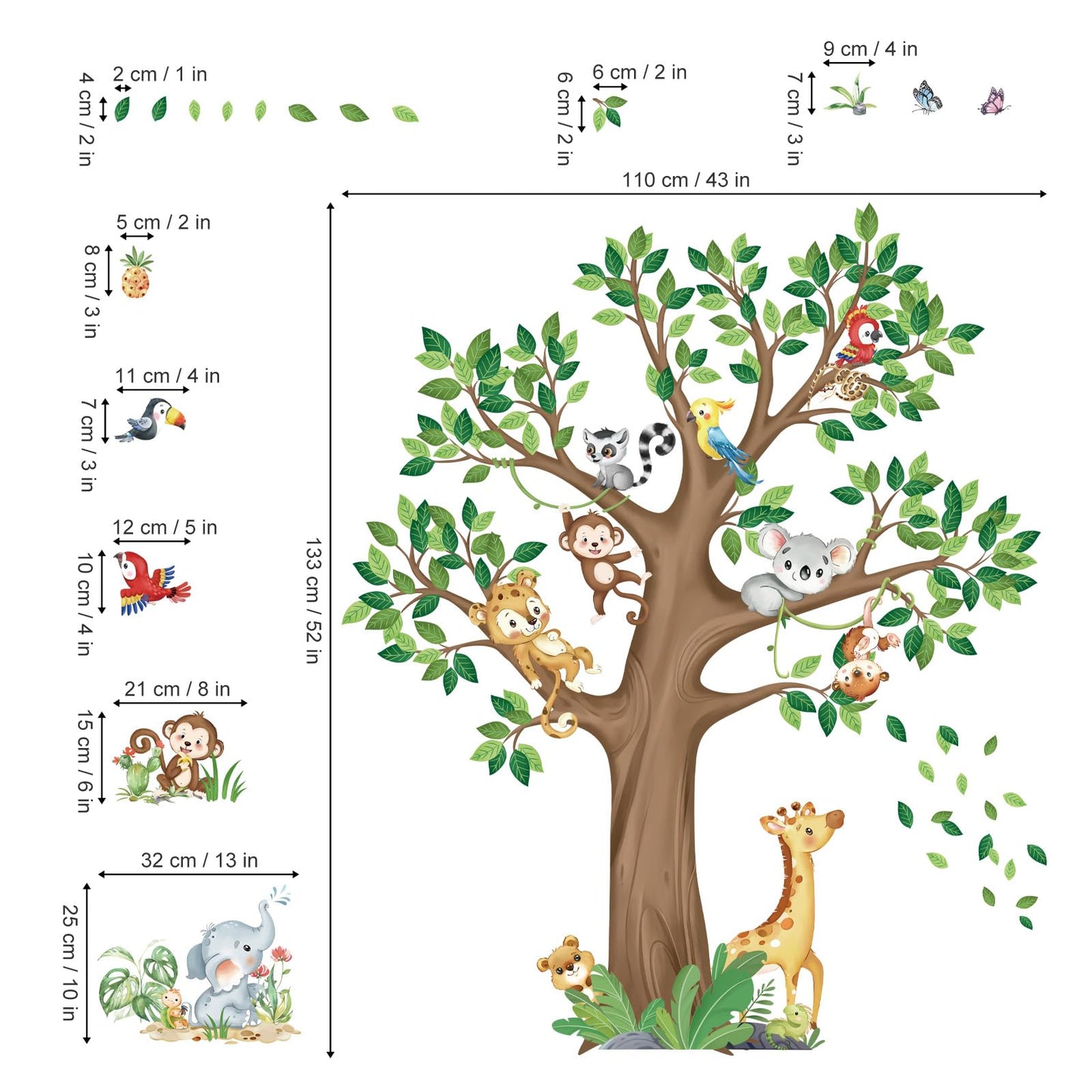 decalmile Large Jungle Animal Tree Wall Decals Giraffe Koala Leopard Safari Wall Stickers Baby Nursery Kids Bedroom Toddler Room Wall Decor