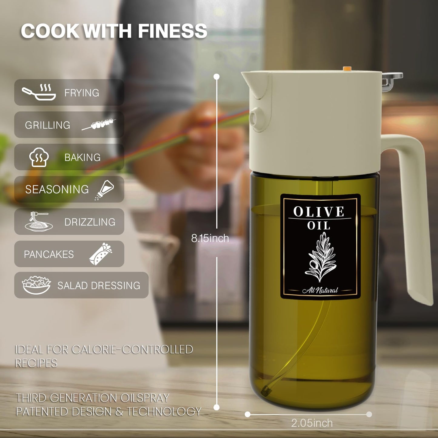 2-IN-1 500ml/17oz Light-Blocking Dark Oil Sprayer for Cooking with Sticker, Dark Green Glass Olive Oil Dispenser Bottle for Kitchen, Even Spray with Portion Control, Perfect for Air Fryer, BBQ - Black